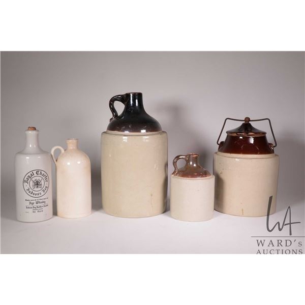 Five pieces of vintage stoneware including jugs, lidded bean pot etc.