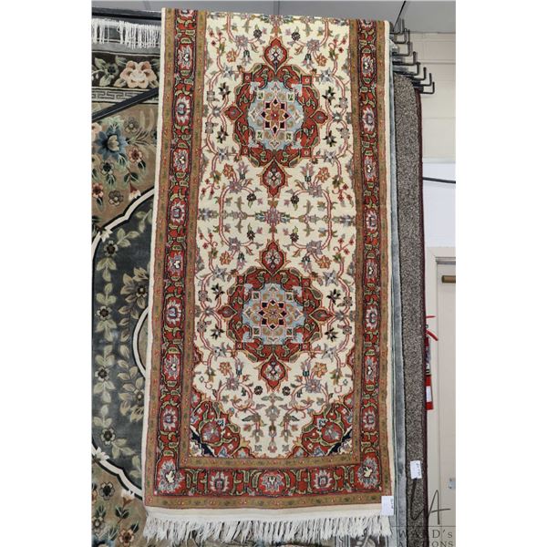 Wool runner with multiple medallions, cream background and highlights of brick, taupe and grey, 36" 