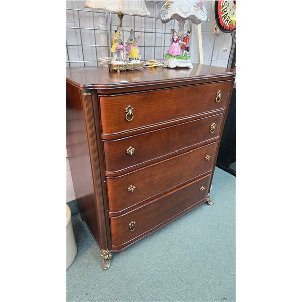 Modern, antique style four drawer dresser with decorative feet and drop pulls, 39" H X 36" X 18"