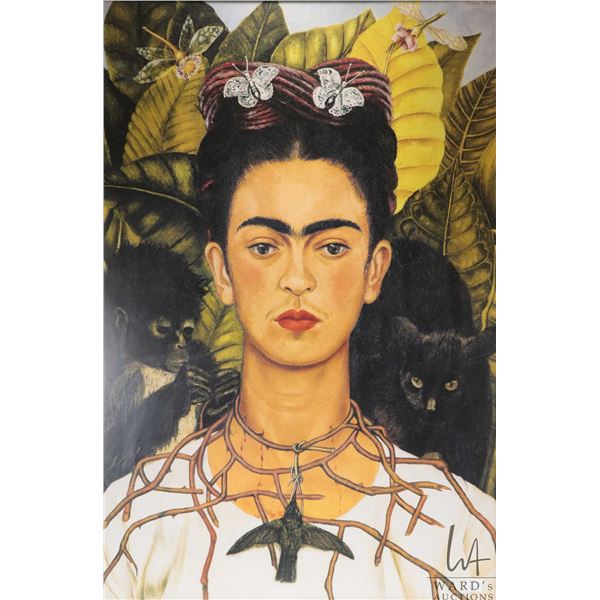 Framed self portrait print of Frido Kahlo titled "Thorn Necklace and Hummingbird" overall dimensions