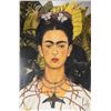 Image 1 : Framed self portrait print of Frido Kahlo titled "Thorn Necklace and Hummingbird" overall dimensions