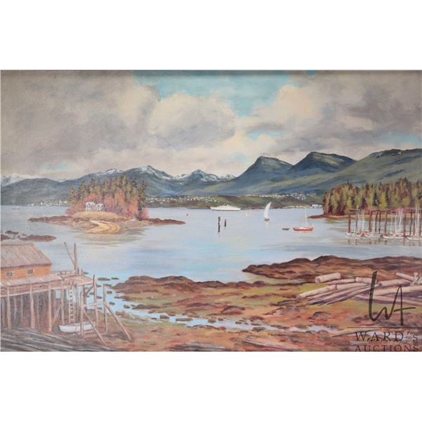 Ruth Harvey, framed original oil on canvas painting of a Prince Rupert harbour scene, 24" X 35"