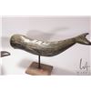 Image 3 : Two hand carved whale sculptures on stands including a sperm whale and a blue whale, each approximat
