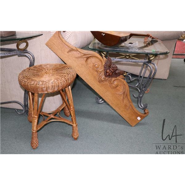 Vintage wicker stool, 19" H X 14" D and a cherub motif sideboard topper, 36" wide