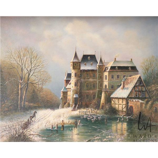 Unsigned gilt framed oil on canvas painting titled on verso "Castle Dracul", 16" X 20"