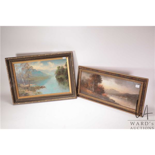 Two original artworks, both with mountain riverscapes including an oil painting signed J. W. Ogden 1