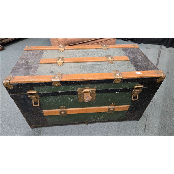Antique canvas wrapped trunk with wooden slats, no tray, 18" H X 32" W X 16" D