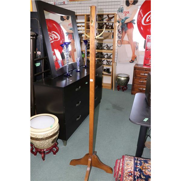 Wooden coat pole with four brass hooks