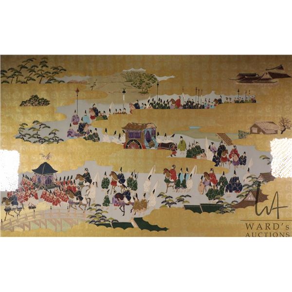 Framed Japanese Rakuchu-Rakugai lithograph with gold background depicting Heian period procession, o