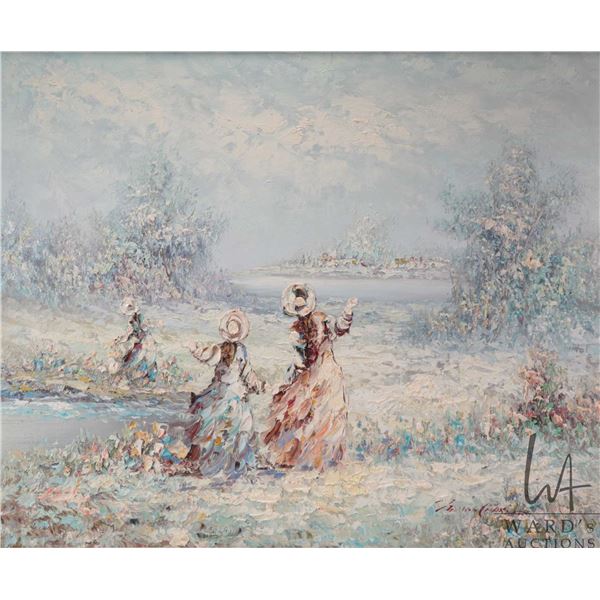 Marie Charlot International Fine Arts acrylic on canvas pallet painting of three women taking a bree