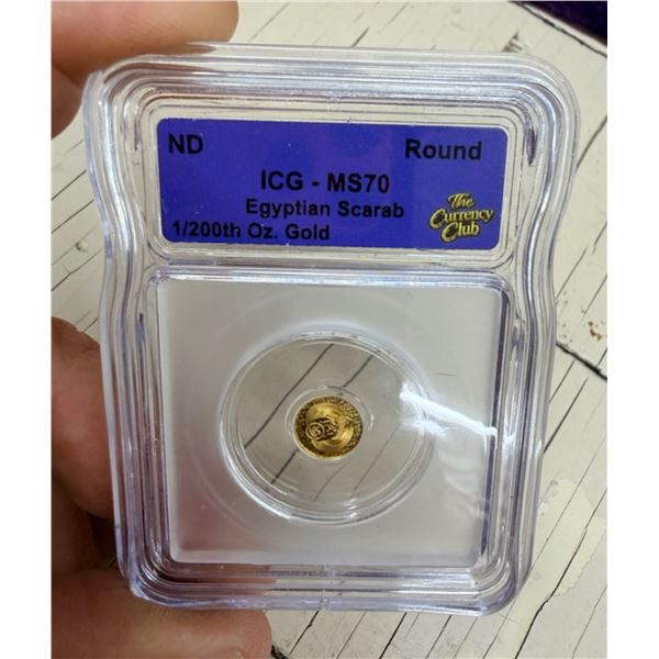 MONARCH PRECIOUS METALS 1/200TH OUNCE EGYPTIAN SCARAB GOLD ROUND, GRADED MS70 BY ICG