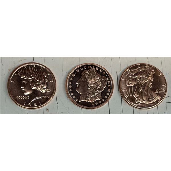 COPPER BULLION ROUNDS - SILVER DOLLAR REPLICAS - ONE AVDP OUNCE .999 FINE COPPER (X2) AND ONE TROY O
