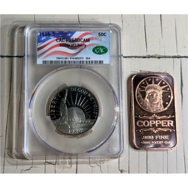 STATUE OF LIBERTY HALF DOLLAR COIN - 1986S - MS68DCAM; ONE AVDP OUNCE OF .999 FINE COPPER