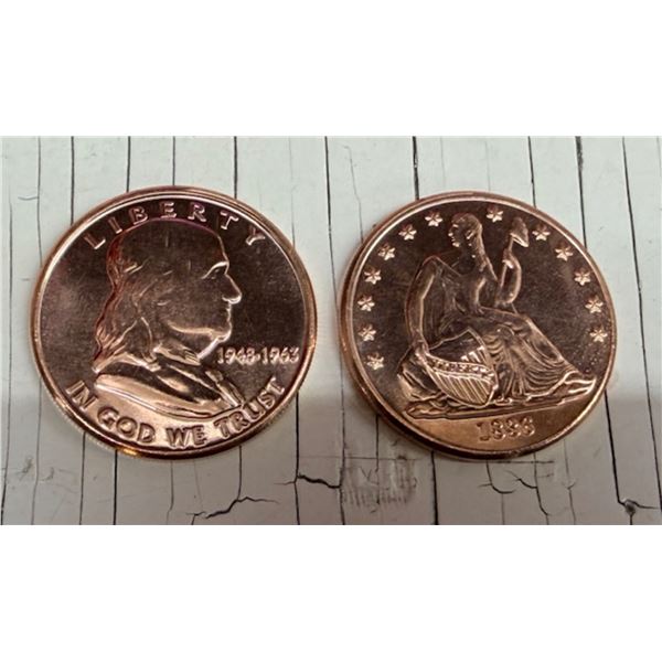 COPPER BULLION ROUNDS - HALF DOLLAR REPLICAS - ONE AVDP OUNCE .999 FINE COPPER EACH - LOT OF 2