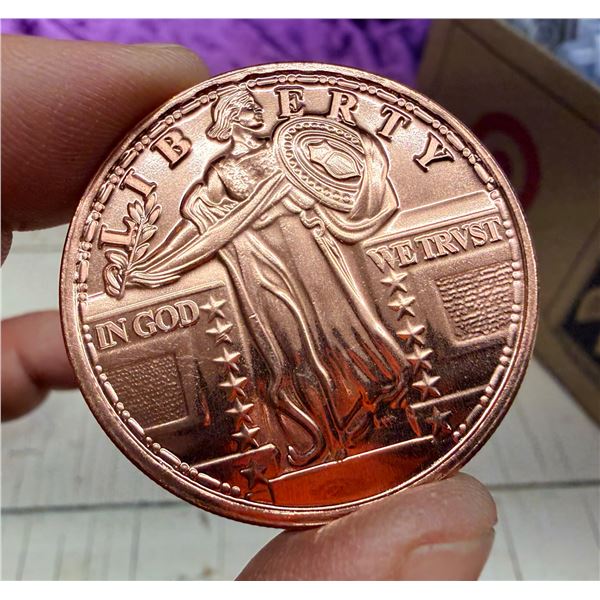 COPPER BULLION ROUND - STANDING LIBERTY REPLICA - ONE AVDP OUNCE .999 FINE COPPER