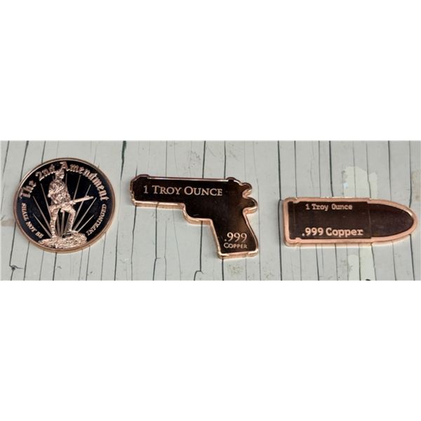 COPPER BULLION "ROUNDS" - ROUND, FIREARM, BULLET REPLICAS -ONE AVDP OUNCE .999 FINE COPPER (X1) AND 