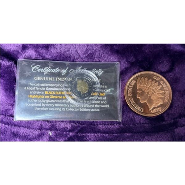 INDIAN HEAD CENT - 1907 24KT GOLD ACCENTS AND BLACK RUTHENIUM FINISHED; COPPER ROUND - ONE AVDP OUNC