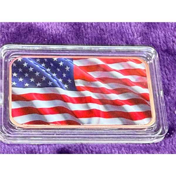 COPPER BULLION BAR - COLORIZED USA FLAG - ONE TROY OUNCE .999 FINE COPPER