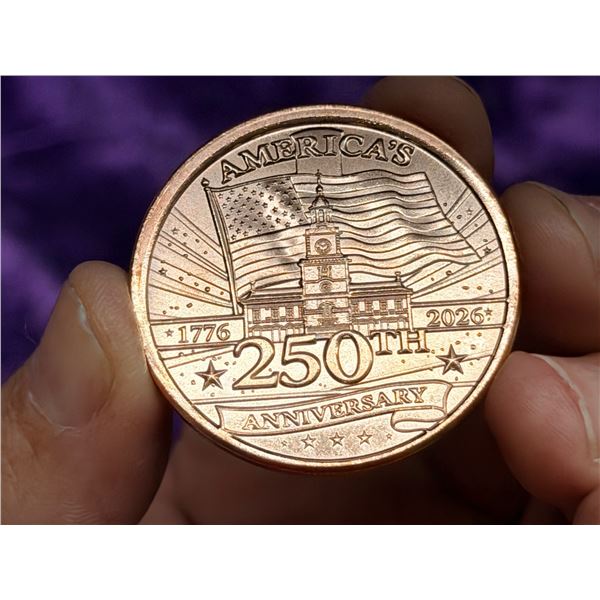 COPPER BULLION ROUND - USA 250TH ANNIVERSARY - ONE AVDP OUNCE .999 FINE COPPER