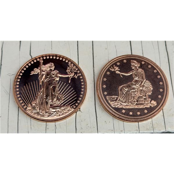 COPPER ROUNDS - ST GAUDENS AND TRADE DOLLAR -  ONE AVDP OUNCE .999 FINE COPPER (X2)