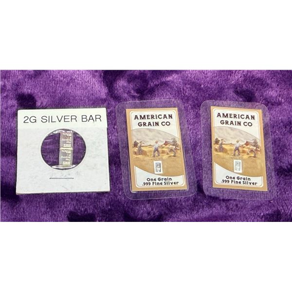 PURE SILVER BULLION .999 - VALCAMBI BARS (X2) AND AMERICAN GRAIN COMPANY SILVER ASSAY CARDS (X2)