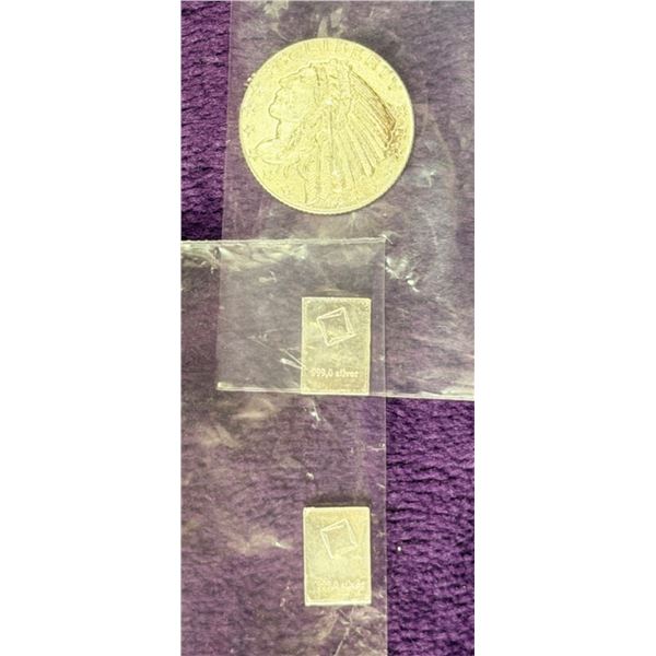 PURE SILVER BULLION .999 – U.S. INDIAN HEAD GOLD PIECE REPLICA AND VALCAMBI BARS (X2)
