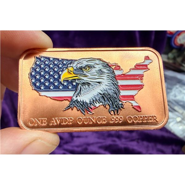 COPPER BULLION BAR - COLORIZED USA FLAG WITH EAGLE - ONE AVDP OUNCE .999 FINE COPPER