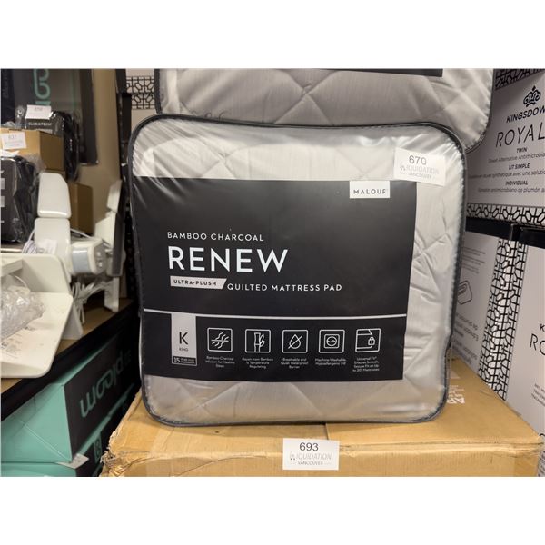 Brand New Malouf Bamboo Charcoal RENEW Ultra-Plush Quilted Mattress Pad — King