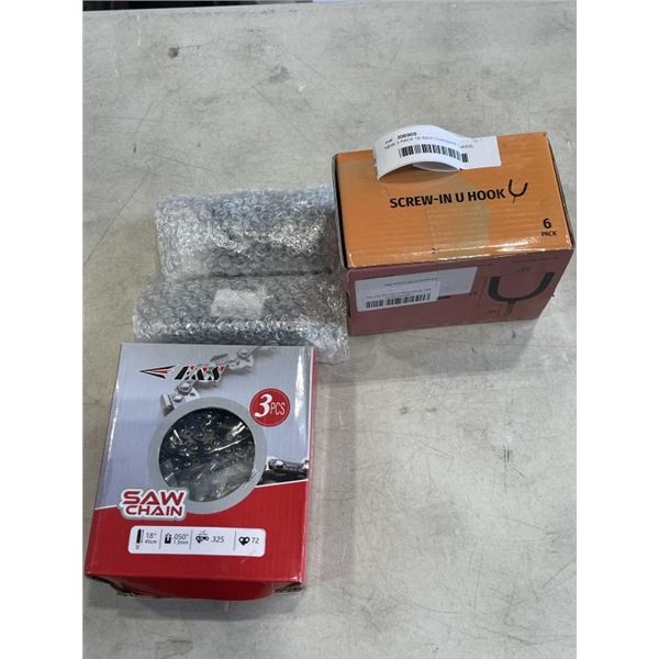 NEW 3 PACK 18 INCH CHAINSAW CHAINS, SET OF U HOOKS AND 2 PACKS OF DOOR HINGES