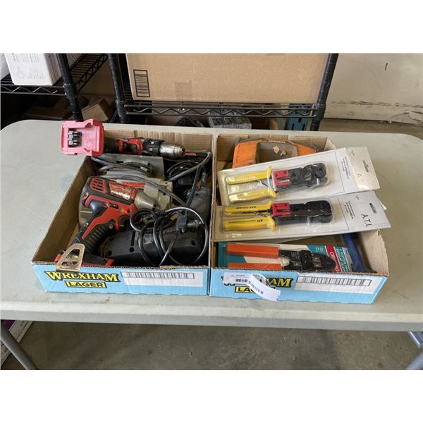 2 TRAYS OF TOOLS - DRILLS, NEW CRIMPING TOOLS, ETC