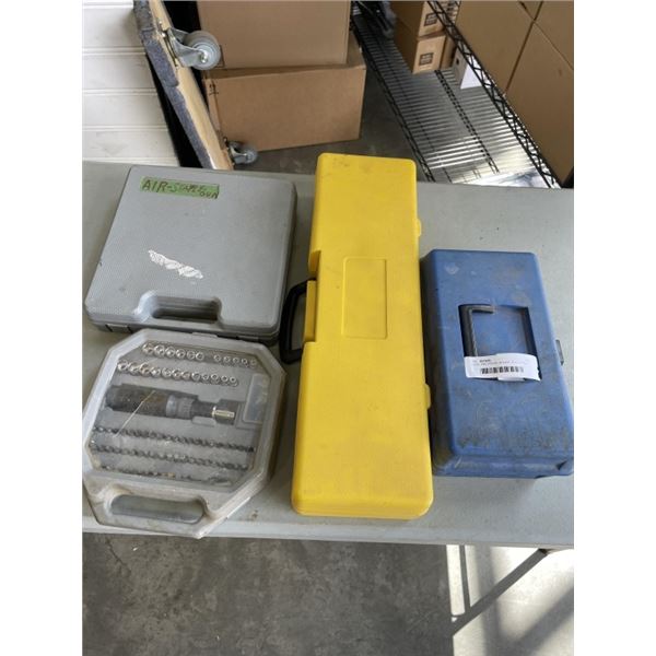 LEVEL AND TRIPOD IN CASE, ADJUSTABLE SCREWDRIVER IN CASE, AIR STAPLE GUN, AND MINI TOOL BOX