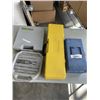 Image 1 : LEVEL AND TRIPOD IN CASE, ADJUSTABLE SCREWDRIVER IN CASE, AIR STAPLE GUN, AND MINI TOOL BOX