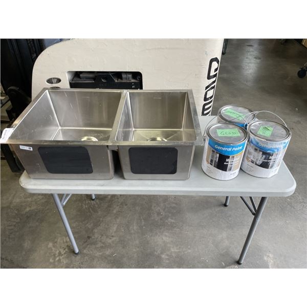 STAINLESS DOUBLE SQAURE BOWL SINK, UNDER OR DROP IN, AND 3 JUGS OF PAINT