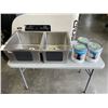 Image 1 : STAINLESS DOUBLE SQAURE BOWL SINK, UNDER OR DROP IN, AND 3 JUGS OF PAINT