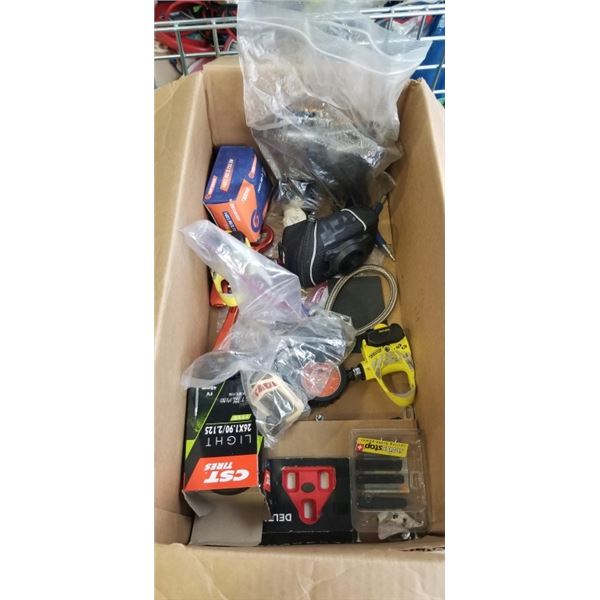 BOX OF BIKE REPAIR TOOLS AND PARTS