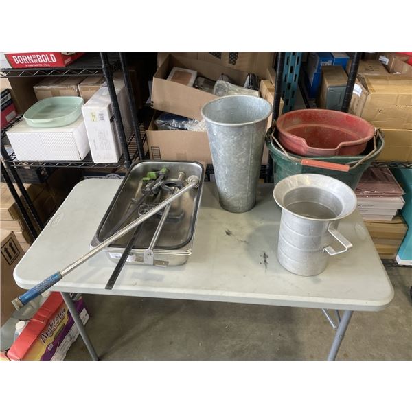 LOT OF BUCKETS, METAL TRAYS AND CLAMPS