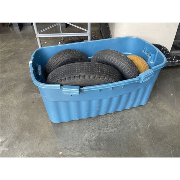TOTE OF WHEELBARROW TIRES AND TRAILER SPARE