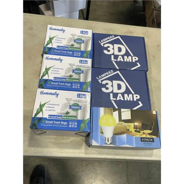 2 NEW 3D LED NIGHT LIGHTS WITH REMOTE, NEW PACK OF LED BULBS AND 3 BOXES OF 2.6 GAL TRASH BAGS