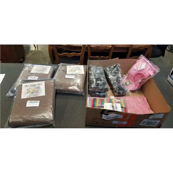 NEW DOG HARNESS, POOP BAGS, AND ABSORBENT FOOD MATTS