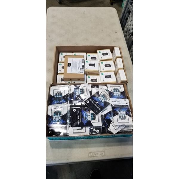 TRAY OF 19 AUKEY DUAL USB CAR CHARGERS, ONE 4 PORT CHARGER AND TRAY OF WEBCAM COVERS