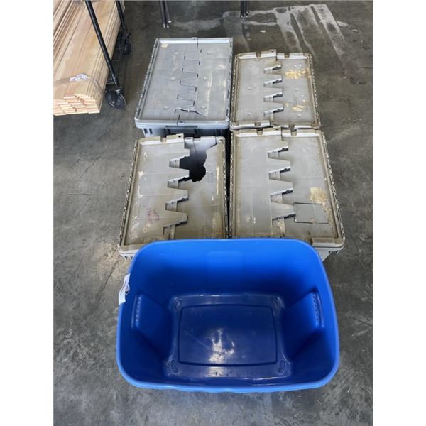 5 STORAGE TOTES, 4 W/ BUILT IN LIDS