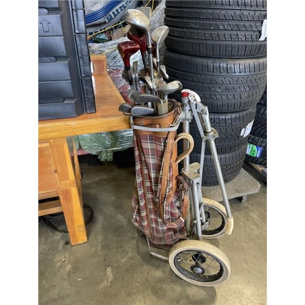VINTAGE GOLF CART BAG AND ASSORTED GOLF CLUBS