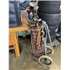 Image 1 : VINTAGE GOLF CART BAG AND ASSORTED GOLF CLUBS