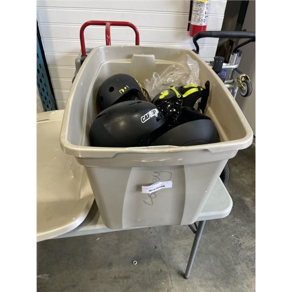 8 ASSORTED SNOW ANDF SUMMER HELMETS IN TOTE WITH LID