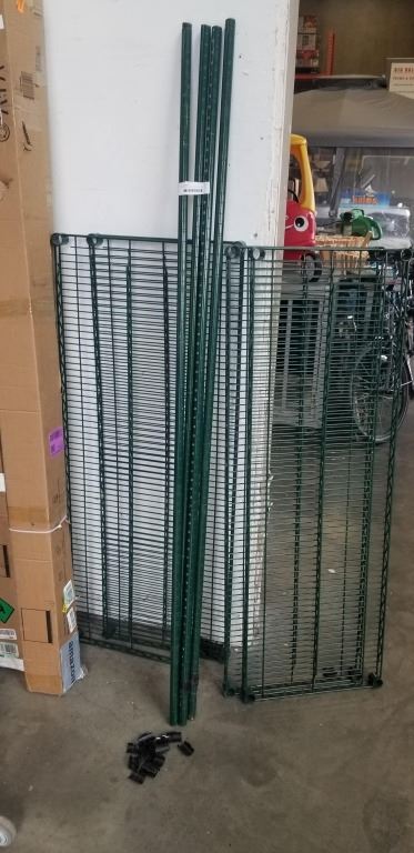 Wire Rack Green GREEN WIRE RACK, 4 UPRIGHTS, AND 4 SHELVES, SOME CLIPS, 76 INCH TALL ...