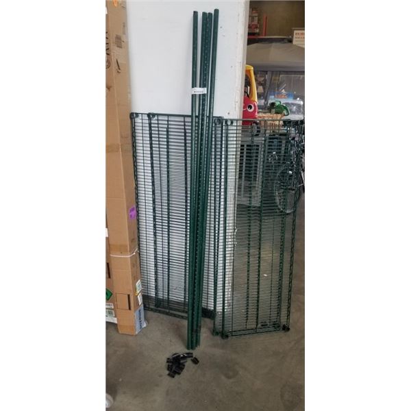 GREEN WIRE RACK, 4 UPRIGHTS, AND 4 SHELVES, SOME CLIPS, 76 INCH TALL
