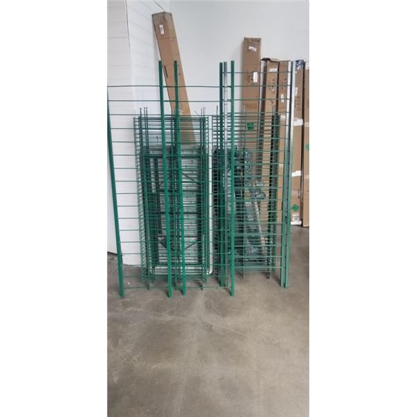 2 SECTIONS OF GREEN METAL COMMERCIAL SHELVING, DROP IN STYLE