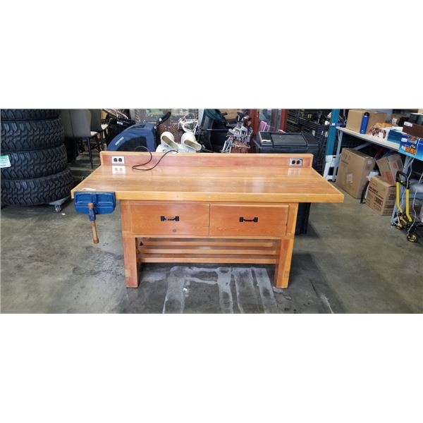 LARGE SOLID WOOD CUSTOM BUILT WORK BENCH WITH VICE. 6 FT LONG, 3 FT WIDE, 3 FT TALL