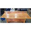 Image 2 : LARGE SOLID WOOD CUSTOM BUILT WORK BENCH WITH VICE. 6 FT LONG, 3 FT WIDE, 3 FT TALL