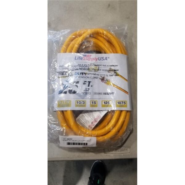 AS NEW YELLOW 25FT LIFE SUPPLY HEAVY DUTY INDOOR OUTDOOR 3 WIRE GROUNDED LIGHTED EXTENSION, 10AWG